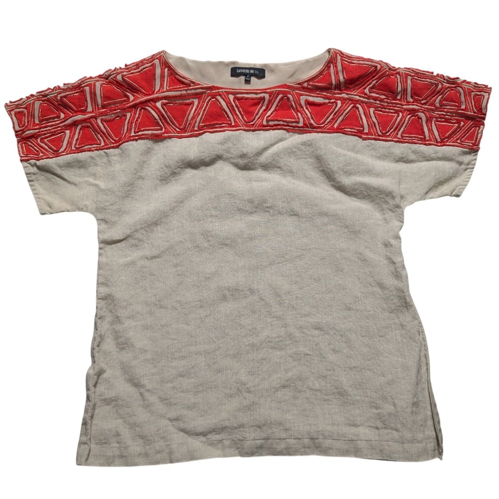 Lafayette 148 New York Linen Embroidered Blouse Beige Red Petite P Side Zip Top